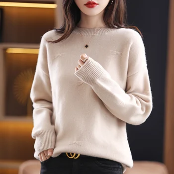 Nove ženske O-vratu puloverju pure volno jopica svoboden priložnostne dolgo sleeved pletene kašmir pulover barva Domov pozimi